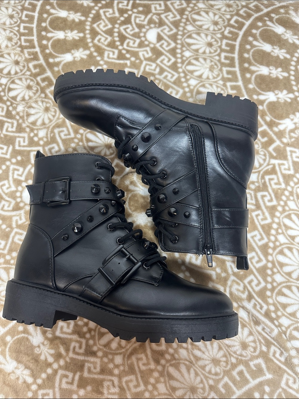 Primark Black Studded Lace-Up Moto Boots